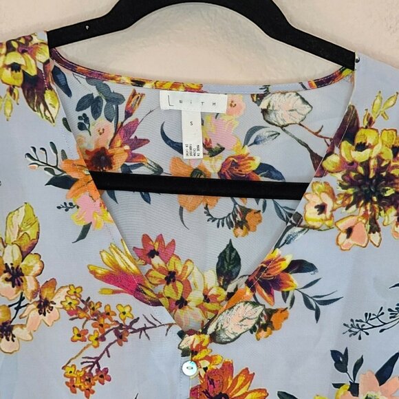 Leith Womens Shirt Top Small Blue Colorful Floral Crop Knot Front Cottagecore - Picture 7 of 12